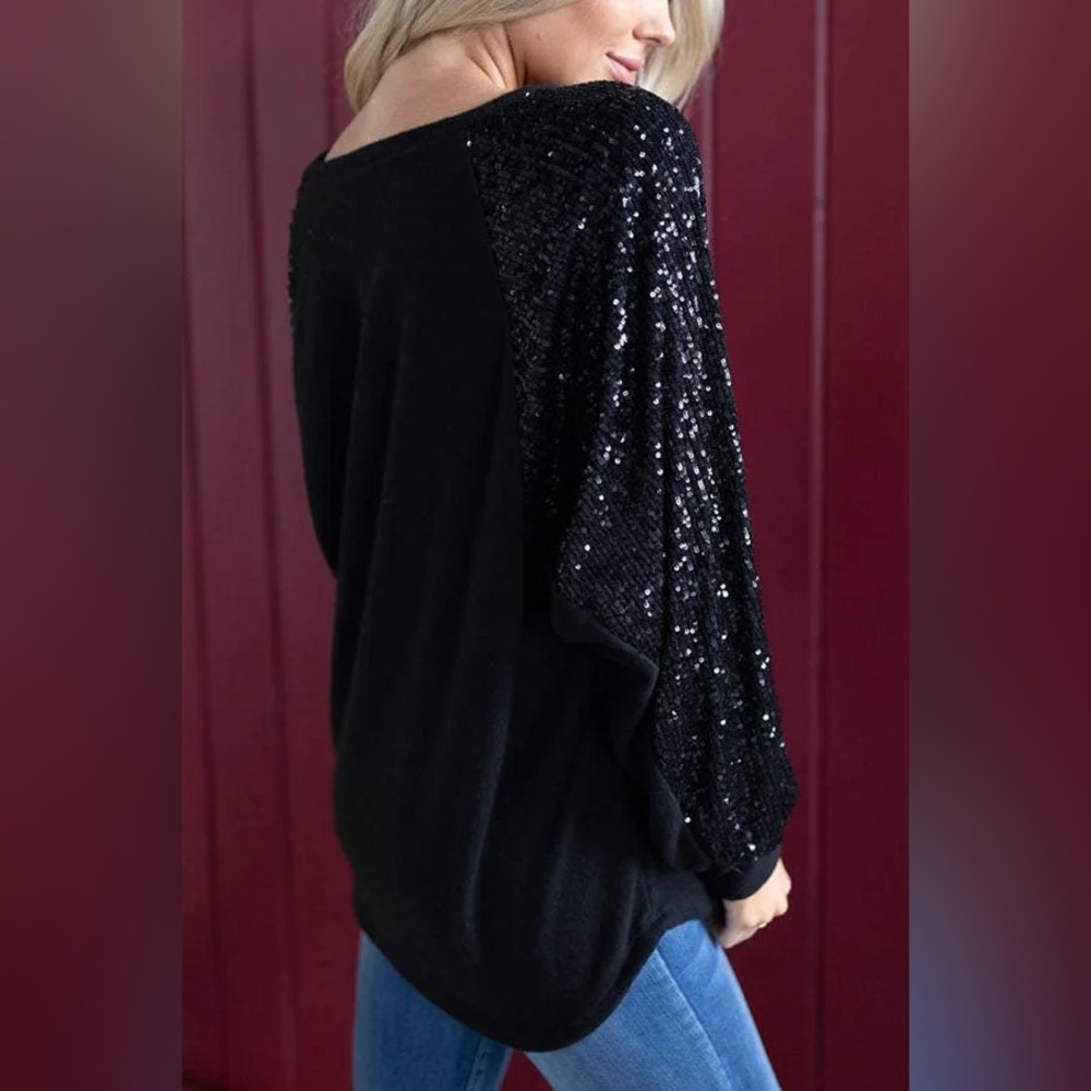 NEW Ivadress Life Is A Fiesta Contrast Sequin Sleeve Top - Picture 2 of 4
